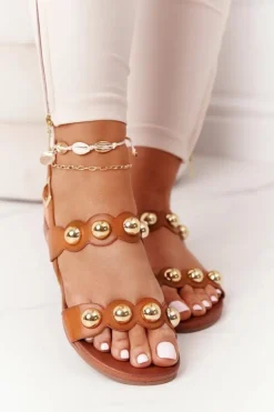 Damskie buty S.Barski Skórzane Sandały Z Dżetami S.Barski 541-52 Brązowe