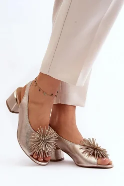 Damskie Laura Messi Skórzane Sandały Z Ozdobą 2719 Złote