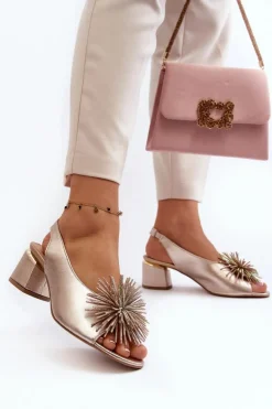 Damskie Laura Messi Skórzane Sandały Z Ozdobą 2719 Złote