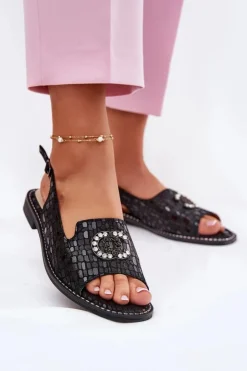 Damskie buty S.Barski Sandały Płaskie*Skórzane Sandały Z Ozdobą Na Płaskim Obcasie S.Barski KV51-096 Czarne Czarny