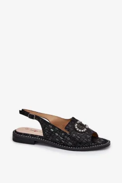 Damskie buty S.Barski Sandały Płaskie*Skórzane Sandały Z Ozdobą Na Płaskim Obcasie S.Barski KV51-096 Czarne Czarny