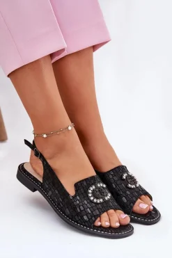 Damskie buty S.Barski Sandały Płaskie*Skórzane Sandały Z Ozdobą Na Płaskim Obcasie S.Barski KV51-096 Czarne Czarny