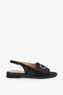 Damskie buty S.Barski Sandały Płaskie*Skórzane Sandały Z Ozdobą Na Płaskim Obcasie S.Barski KV51-096 Czarne Czarny