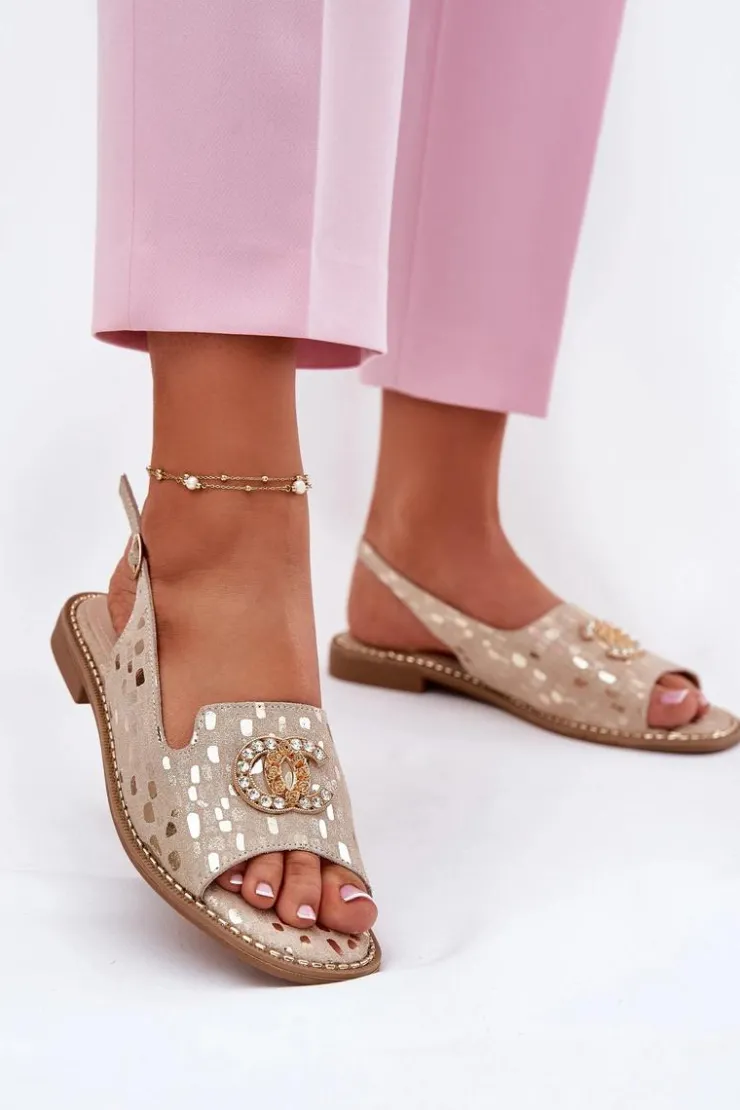 Clearance Damskie buty S.Barski Skórzane Sandały Z Ozdobą Na Płaskim Obcasie S.Barski KV51-096 Złote Złoty