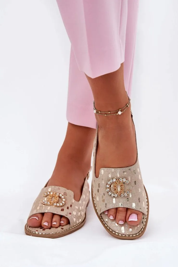 Clearance Damskie buty S.Barski Skórzane Sandały Z Ozdobą Na Płaskim Obcasie S.Barski KV51-096 Złote Złoty