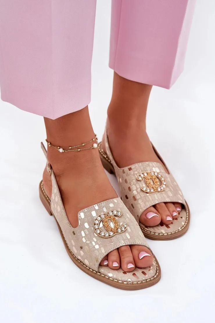 Clearance Damskie buty S.Barski Skórzane Sandały Z Ozdobą Na Płaskim Obcasie S.Barski KV51-096 Złote Złoty