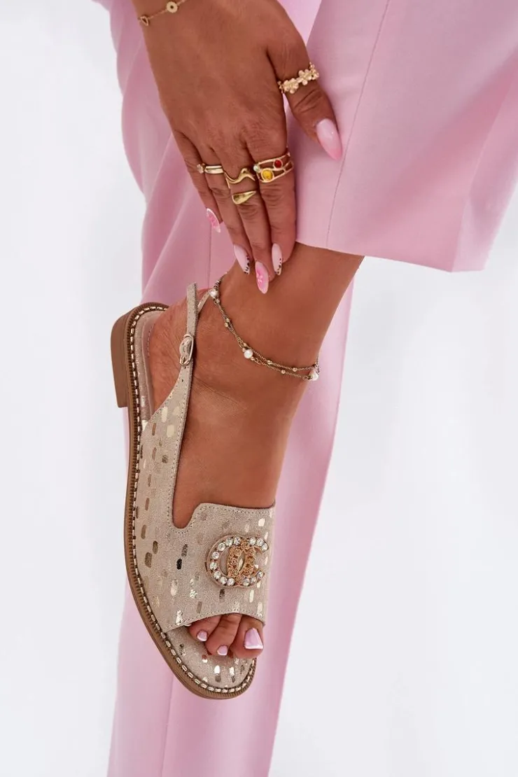 Clearance Damskie buty S.Barski Skórzane Sandały Z Ozdobą Na Płaskim Obcasie S.Barski KV51-096 Złote Złoty