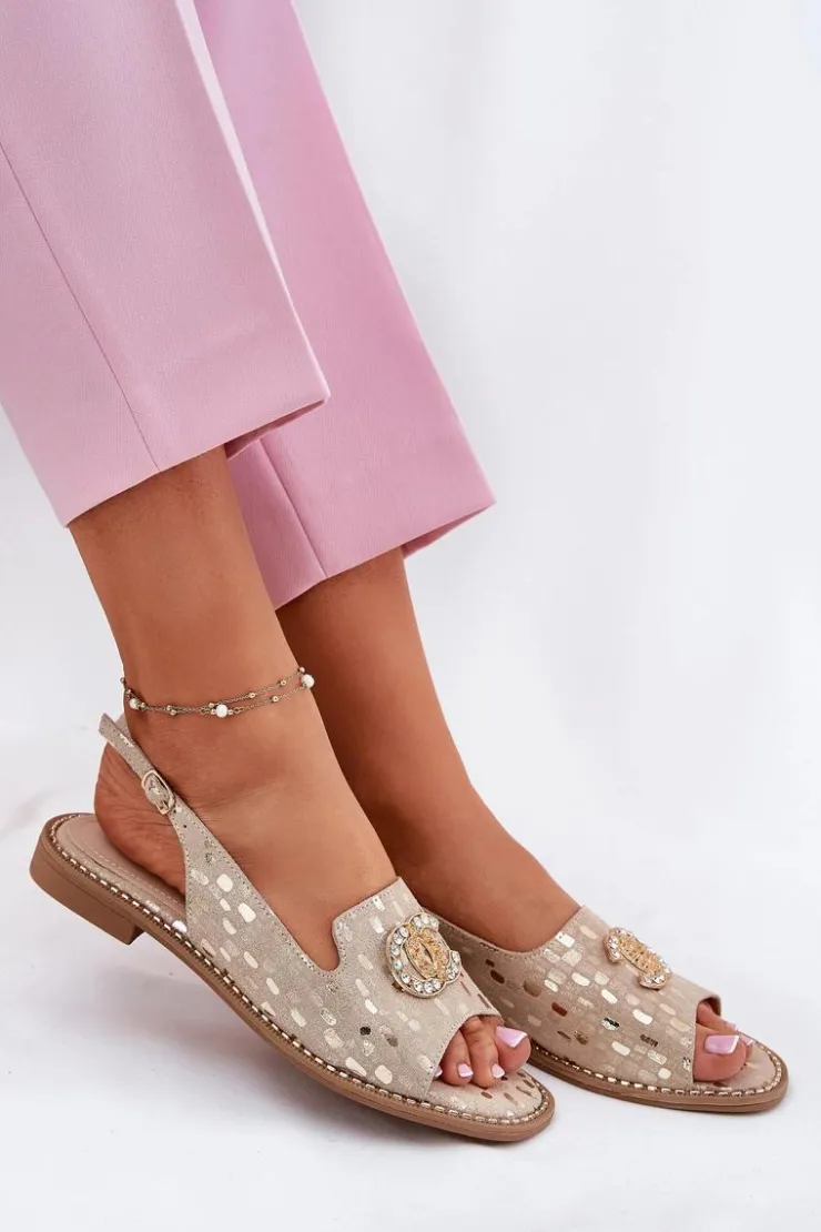 Clearance Damskie buty S.Barski Skórzane Sandały Z Ozdobą Na Płaskim Obcasie S.Barski KV51-096 Złote Złoty