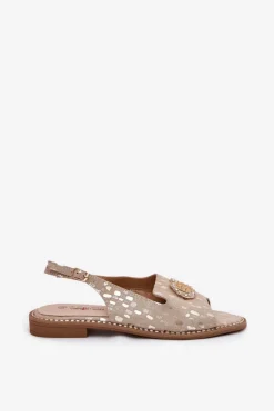 Clearance Damskie buty S.Barski Skórzane Sandały Z Ozdobą Na Płaskim Obcasie S.Barski KV51-096 Złote Złoty