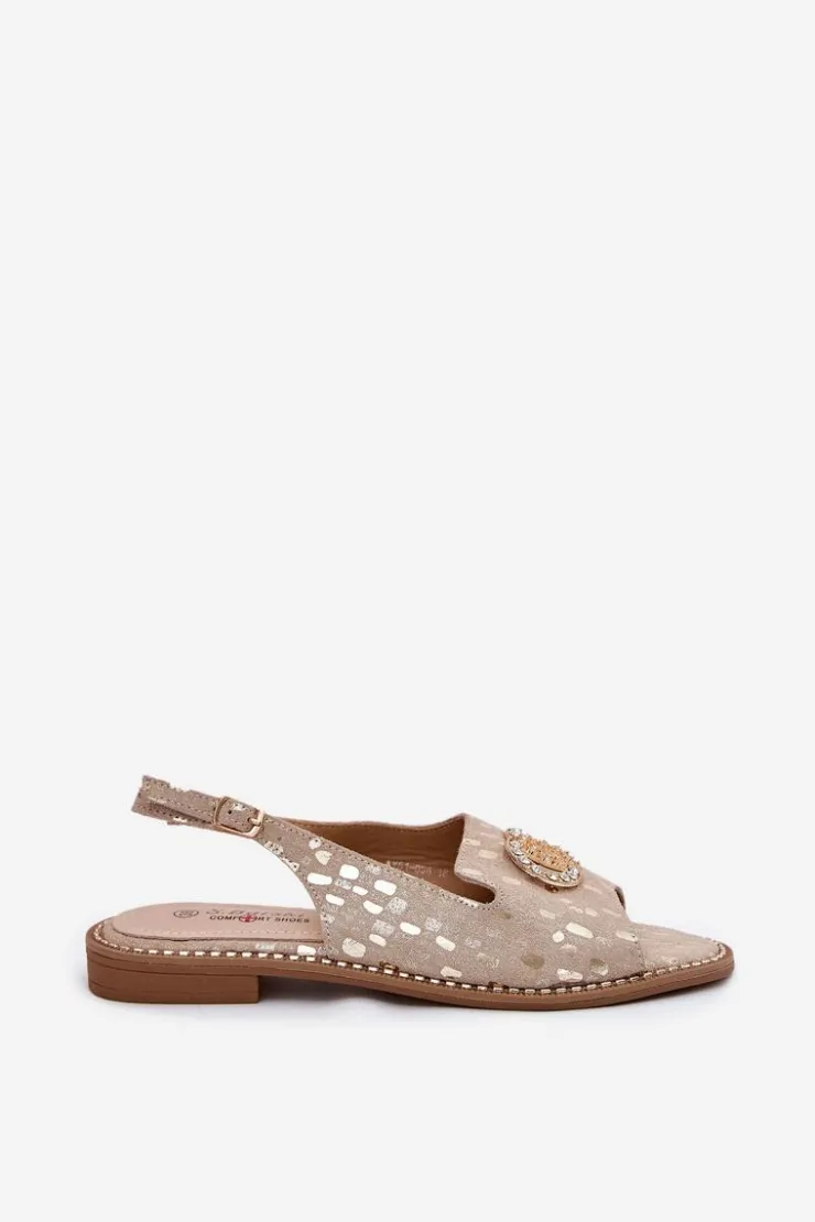 Clearance Damskie buty S.Barski Skórzane Sandały Z Ozdobą Na Płaskim Obcasie S.Barski KV51-096 Złote Złoty