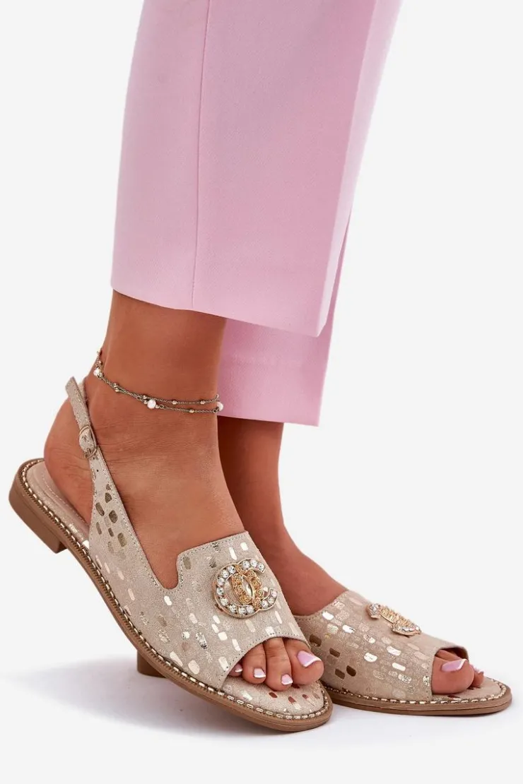 Clearance Damskie buty S.Barski Skórzane Sandały Z Ozdobą Na Płaskim Obcasie S.Barski KV51-096 Złote Złoty