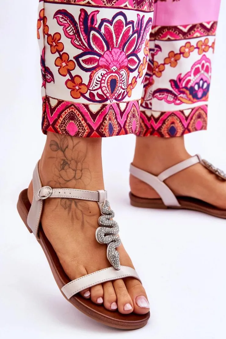 Damskie buty S.Barski Sandały Płaskie*Skórzane Sandały Z Ozdobnym Wężem S.Barski KV-5541-42 Beżowe