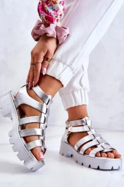 Outlet Boto Skórzane Sandały Z Paseczkami Srebrne Minorite