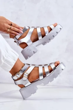 Outlet Boto Skórzane Sandały Z Paseczkami Srebrne Minorite
