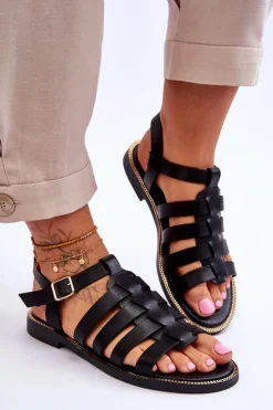 Boto Sandały Płaskie*Skórzane Sandały Z Paseczkami Czarne Lemar Lawren Czarny