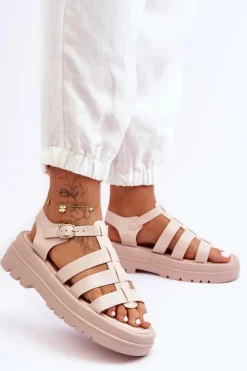 Outlet Boto Skórzane Sandały Z Paseczkami Beżowe Colet