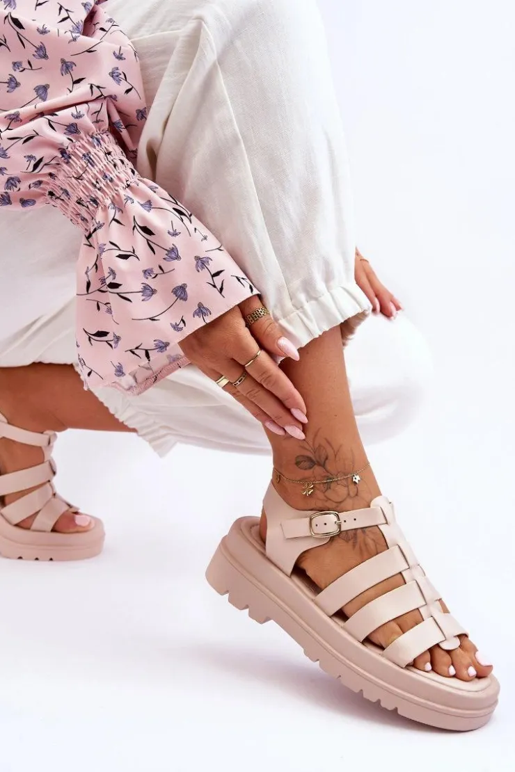 Outlet Boto Skórzane Sandały Z Paseczkami Beżowe Colet