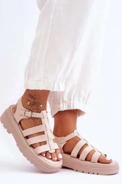 Outlet Boto Skórzane Sandały Z Paseczkami Beżowe Colet