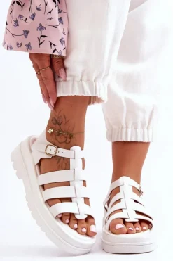 Damskie Boto Skórzane Sandały Z Paseczkami Białe Colet