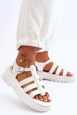 Damskie Boto Skórzane Sandały Z Paseczkami Białe Colet