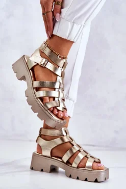 Boto Sandały Na Obcasie*Skórzane Sandały Z Paseczkami Złote Minorite