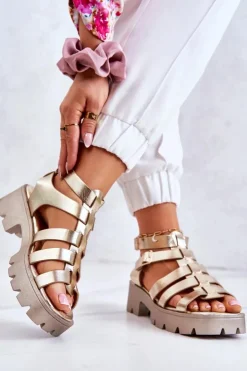 Boto Sandały Na Obcasie*Skórzane Sandały Z Paseczkami Złote Minorite