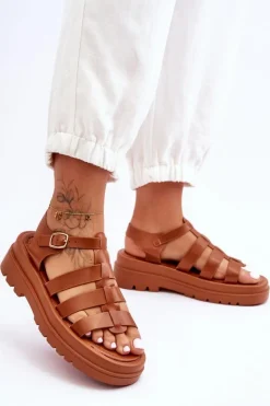 New Boto Skórzane Sandały Z Paseczkami Brązowe Colet