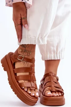 New Boto Skórzane Sandały Z Paseczkami Brązowe Colet