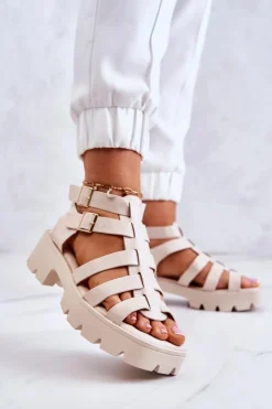 Damskie Boto Skórzane Sandały Z Paseczkami Beżowe Minorite