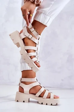 Damskie Boto Skórzane Sandały Z Paseczkami Beżowe Minorite