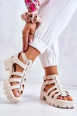 Damskie Boto Skórzane Sandały Z Paseczkami Beżowe Minorite