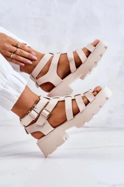 Damskie Boto Skórzane Sandały Z Paseczkami Beżowe Minorite