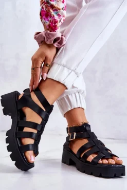 Damskie Boto Skórzane Sandały Z Paseczkami Czarne Minorite