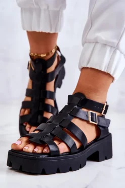 Damskie Boto Skórzane Sandały Z Paseczkami Czarne Minorite