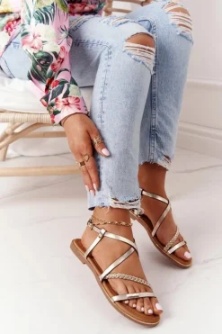 Best Damskie buty S.Barski Skórzane Sandały Z Warkoczem S.Barski 152-1 Złote