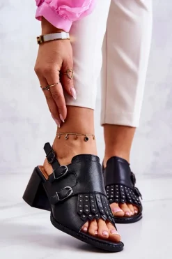 Damskie Boto Skórzane Sandały Z Ćwiekami La.Fi Czarne Casilla