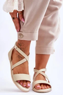 Big Star Shoes Sandały Big Star|Sandały Płaskie*Skórzane Sandały Za Kostkę Big Star LL274A161 Beżowe Beżowy