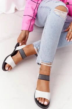 Damskie buty S.Barski Sandały Płaskie*Skórzane Sandały Ze Ściągaczem S.Barski 934-19 Srebrne