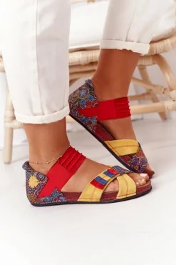 Damskie Maciejka Skórzane Sandały Ze Ściągaczem 03375 Czerwono-Żółte