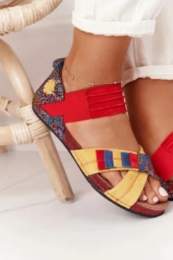 Damskie Maciejka Skórzane Sandały Ze Ściągaczem 03375 Czerwono-Żółte