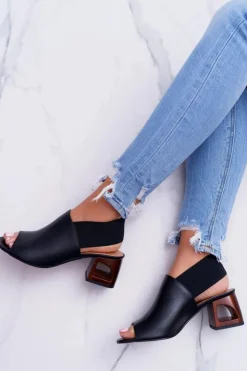 New Laura Messi Skórzane Sandały Ze Ściągaczem 1919 Czarne