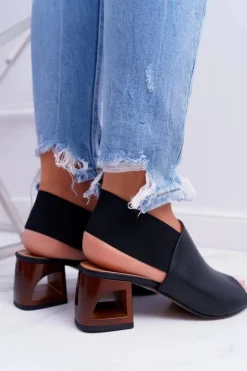 New Laura Messi Skórzane Sandały Ze Ściągaczem 1919 Czarne