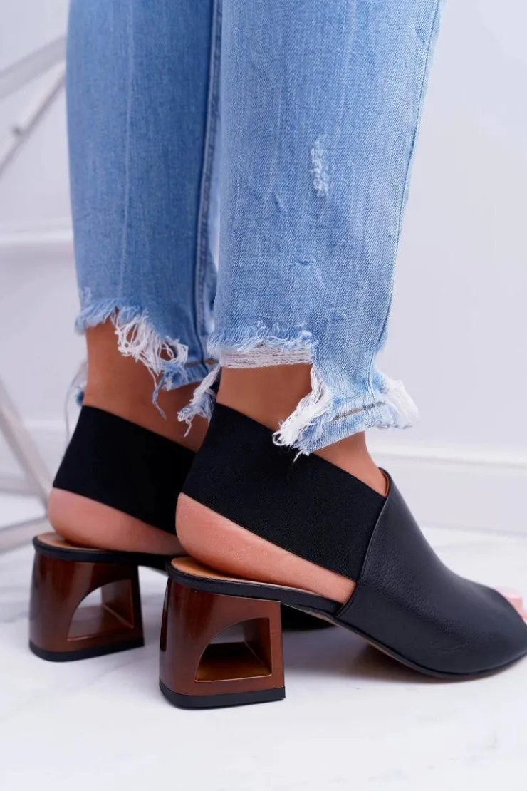 New Laura Messi Skórzane Sandały Ze Ściągaczem 1919 Czarne