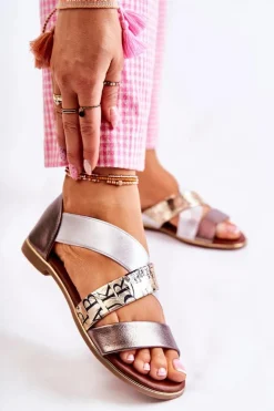 Damskie Evento Skórzane Sandały Ze Ściągaczem Złote Apulia