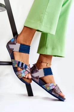 Sale Maciejka Skórzane Sandały Ze Ściągaczem 03375 Niebieskie