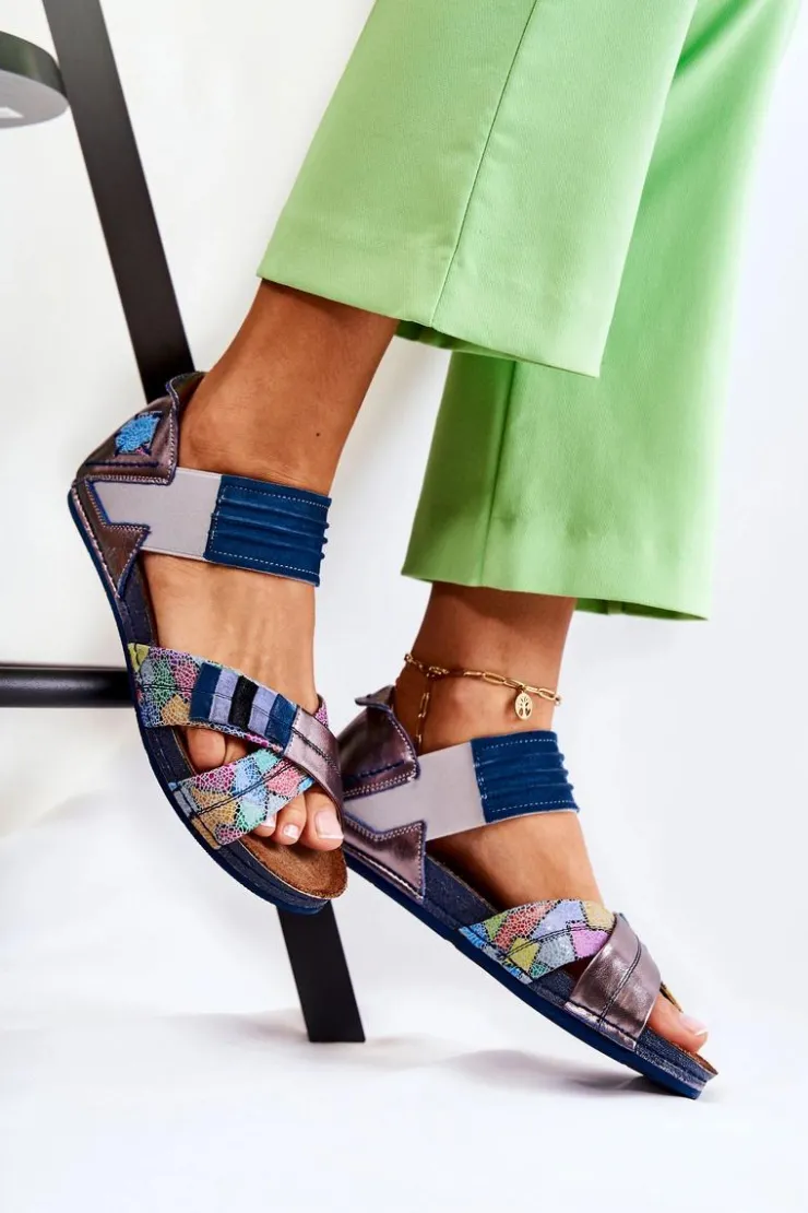 Sale Maciejka Skórzane Sandały Ze Ściągaczem 03375 Niebieskie