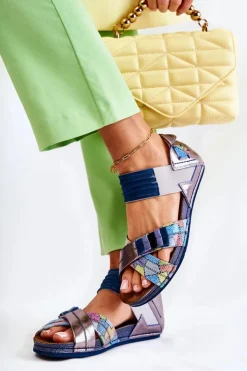 Sale Maciejka Skórzane Sandały Ze Ściągaczem 03375 Niebieskie