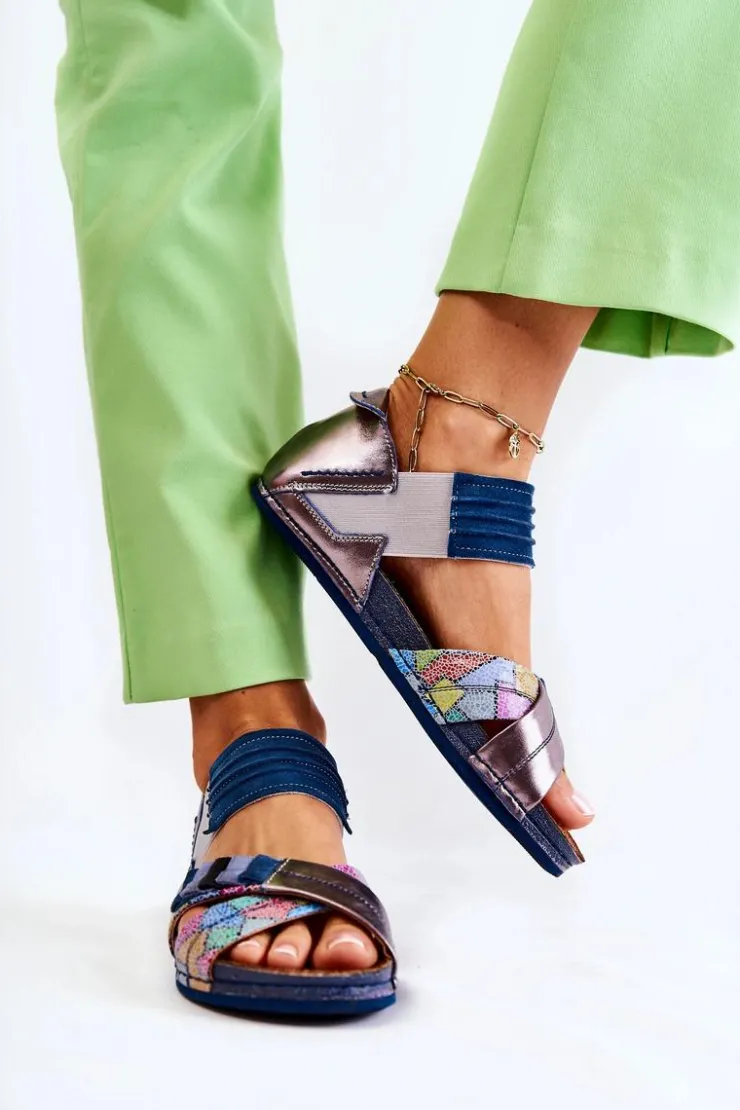 Sale Maciejka Skórzane Sandały Ze Ściągaczem 03375 Niebieskie