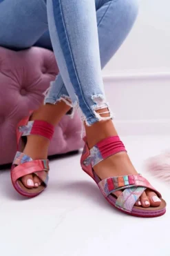 Damskie Maciejka Skórzane Sandały Ze Ściągaczem 03375 Różowe