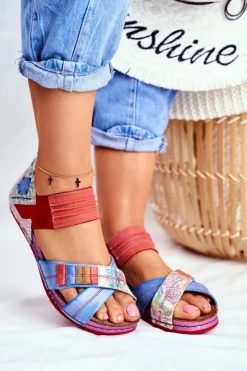 Maciejka Sandały Płaskie*Skórzane Sandały Ze Ściągaczem 03375 Wielokolorowe